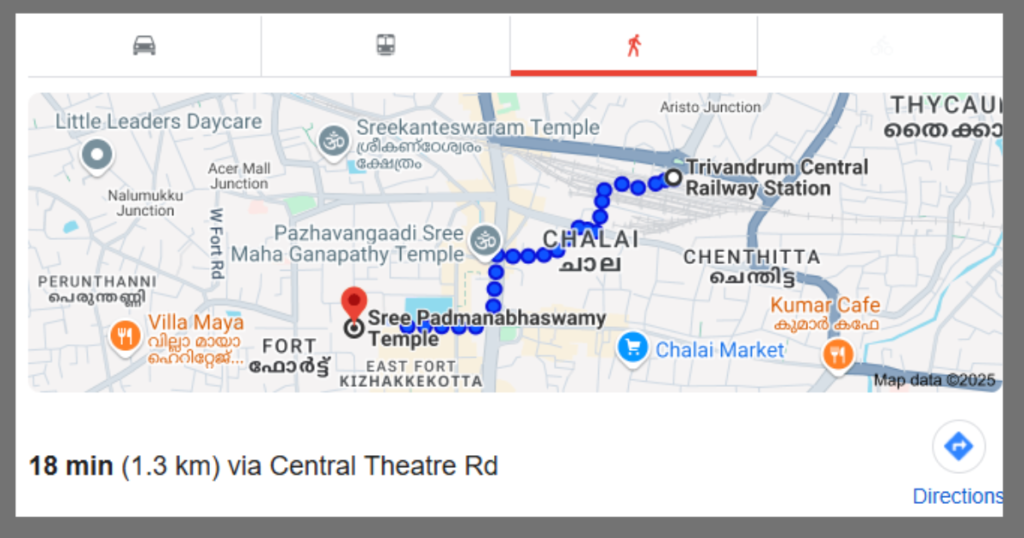Distance between trivandrum central railway station to padmanabhaswamy temple